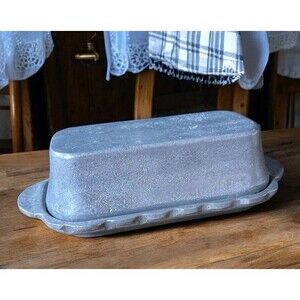 Pewter Butter Dish w/ Lid Scalloped Edges Vtg Rustic Primitive Country Kitchen